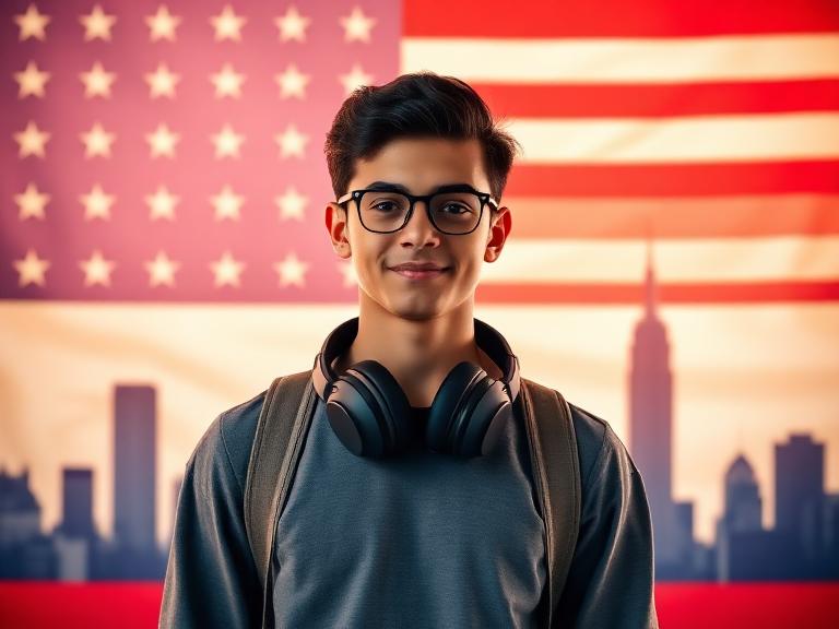 Estudante com elementos americanos